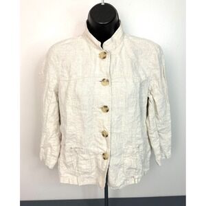 Women's CHEROKEE Button Size M Mock Neck 3/4 Sleeve 100% Linen Natural Beige Top